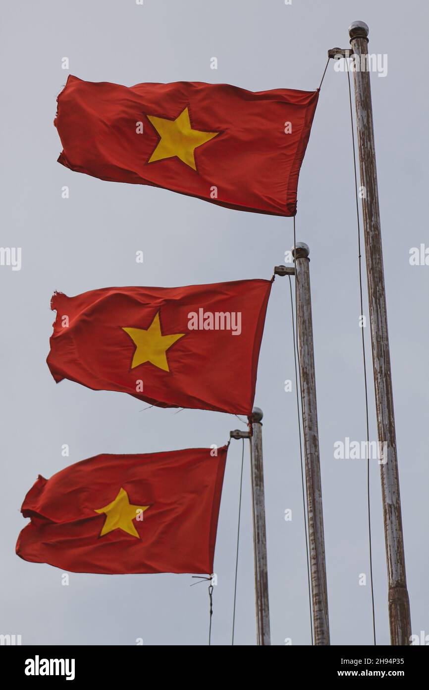 Hermoso disparo de tres banderas de Vietnam Foto de stock