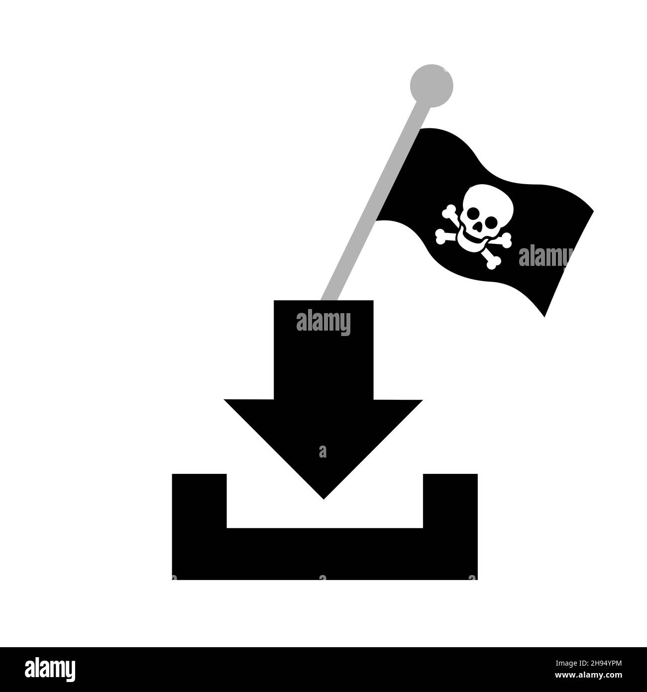 Descarga y piratería - Descarga ilegal y criminal de archivos y datos. Icono, signo, símbolo y pictograma. Ilustración vectorial aislada sobre blanco. Foto de stock
