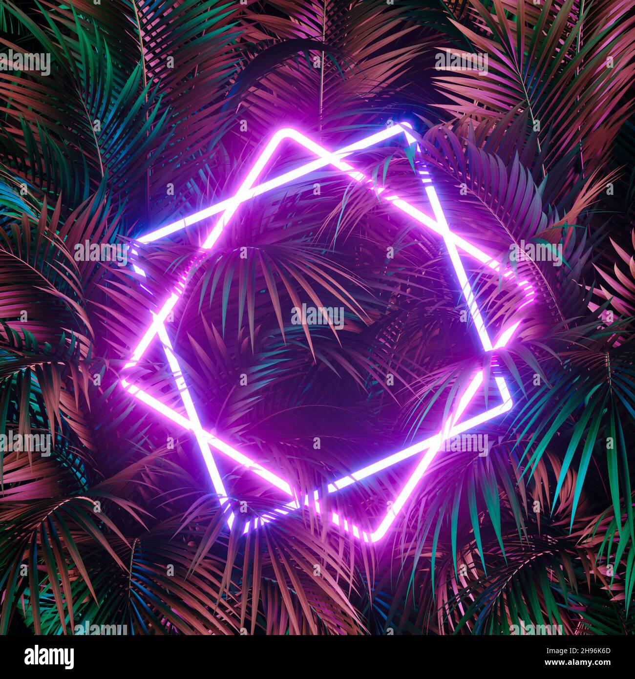 Luz de neón creativa de la selva, marco cibernético sobre hojas de palma frescas con espacio de copia. Concepto de fondo urbano y futurista. Capa plana. Foto de stock