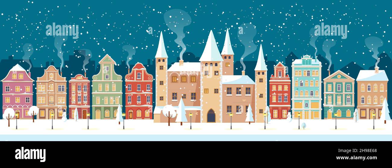 Noche nevada de Navidad en el acogedor panorama de la ciudad con el castillo. Paisaje de pueblo de invierno, estilo plano, ilustración vectorial Ilustración del Vector