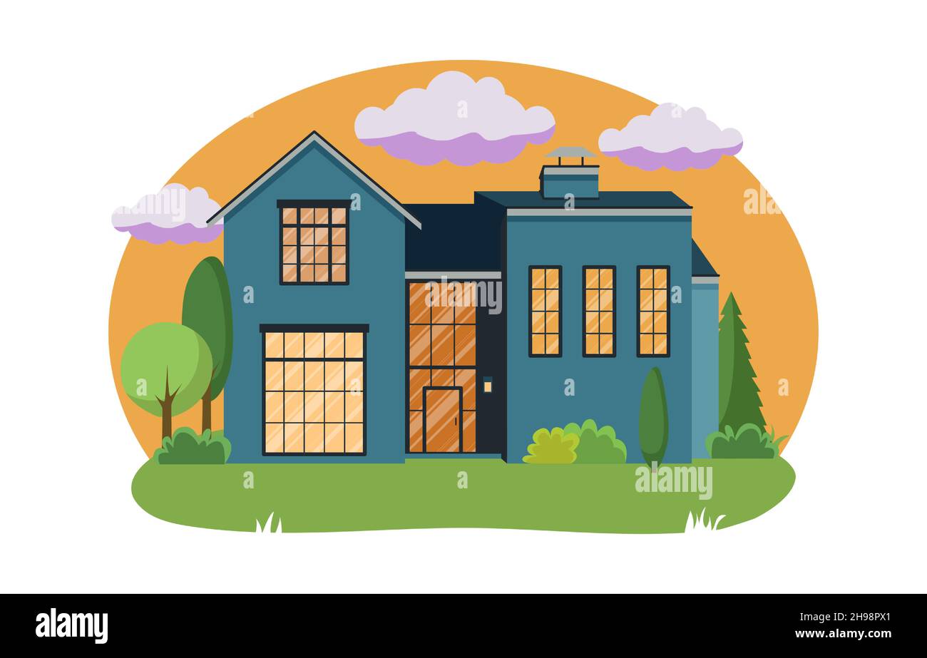 El exterior de la casa de dibujos animados con azul cielo nublado frente Home Concepto de arquitectura estilo de diseño plano. Ilustración vectorial de edificio de fachada Ilustración del Vector