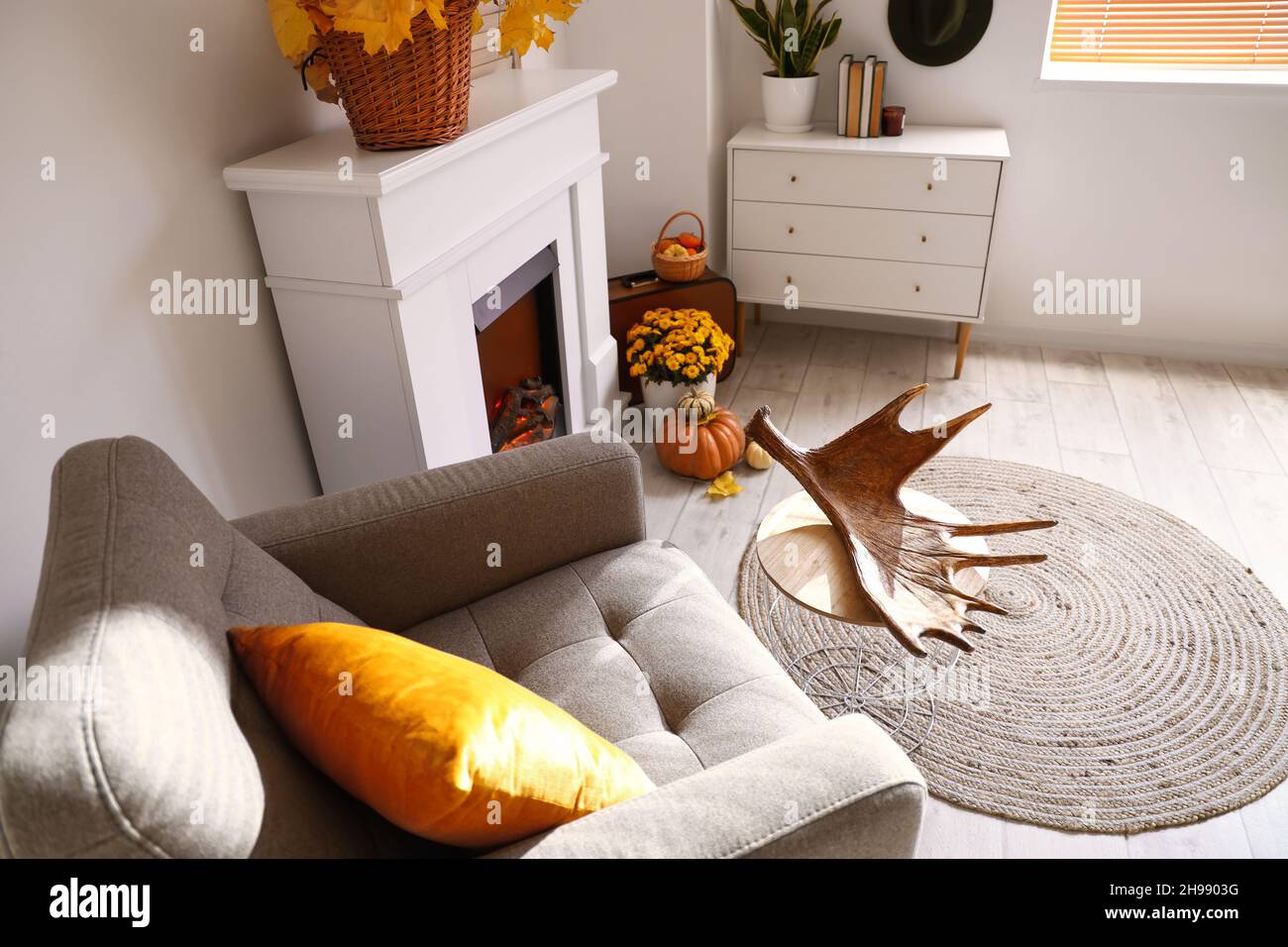 Habitación interior luminosa con chimenea moderna, sillón y cómoda Foto de stock