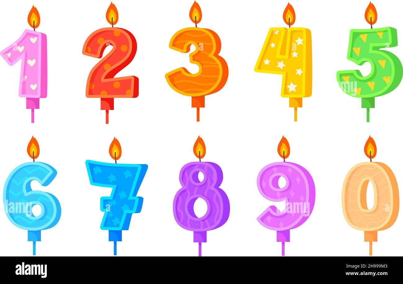 Números de aniversario vela. Número de cumpleaños para pastel de  celebración, velas de cera de fiesta, luz de velas de fiesta, celebrar el  nacimiento del aniversario, divertido vector de dibujos animados.  Ilustración
