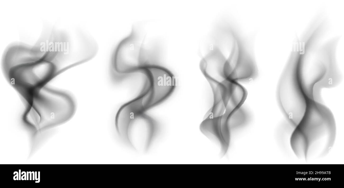 Humo negro. Transparente fumar nubes comida caliente vapor cigarrillo té café humo vapor textura vector conjunto Ilustración del Vector