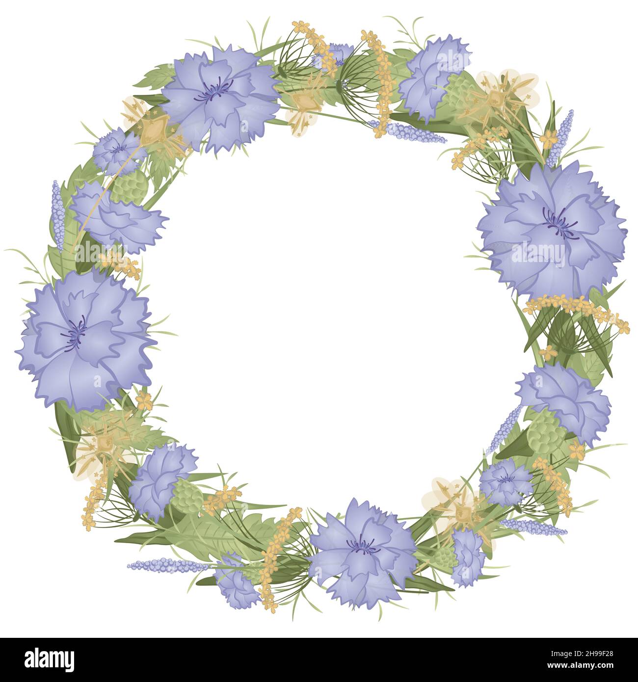 Una corona redonda de flores silvestres. Marco floral cornflowers Ilustración del Vector