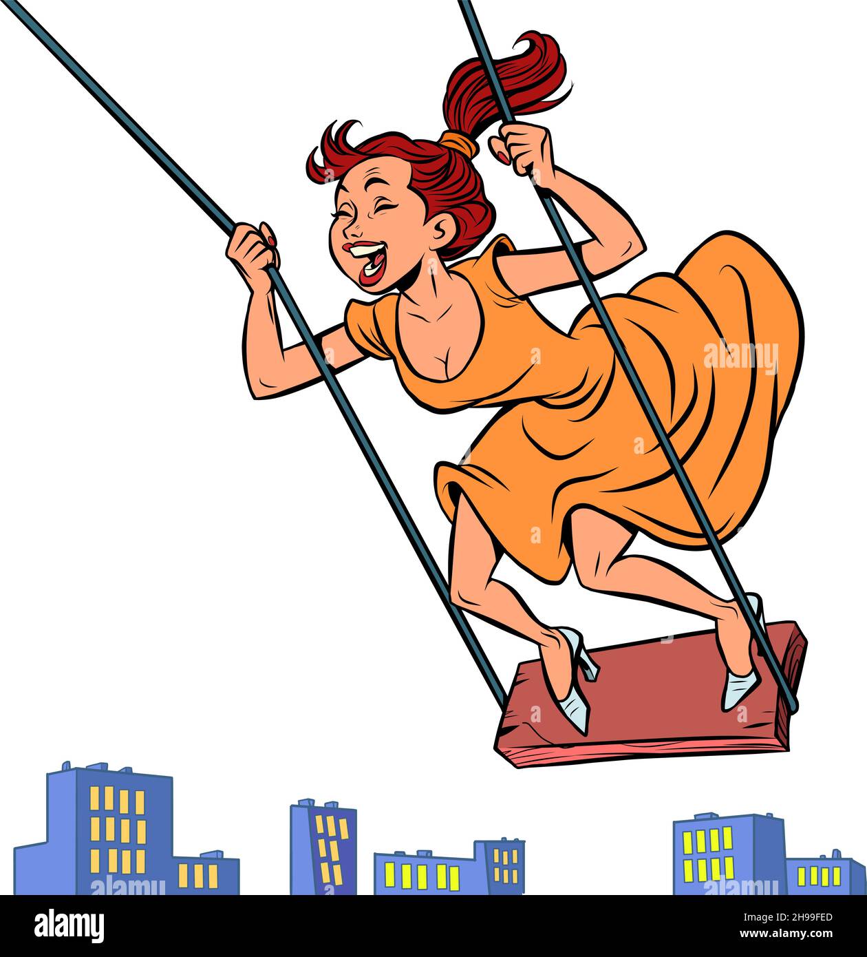 una mujer joven en un columpio, riendo y divirtiéndose, volando sobre la ciudad Ilustración del Vector