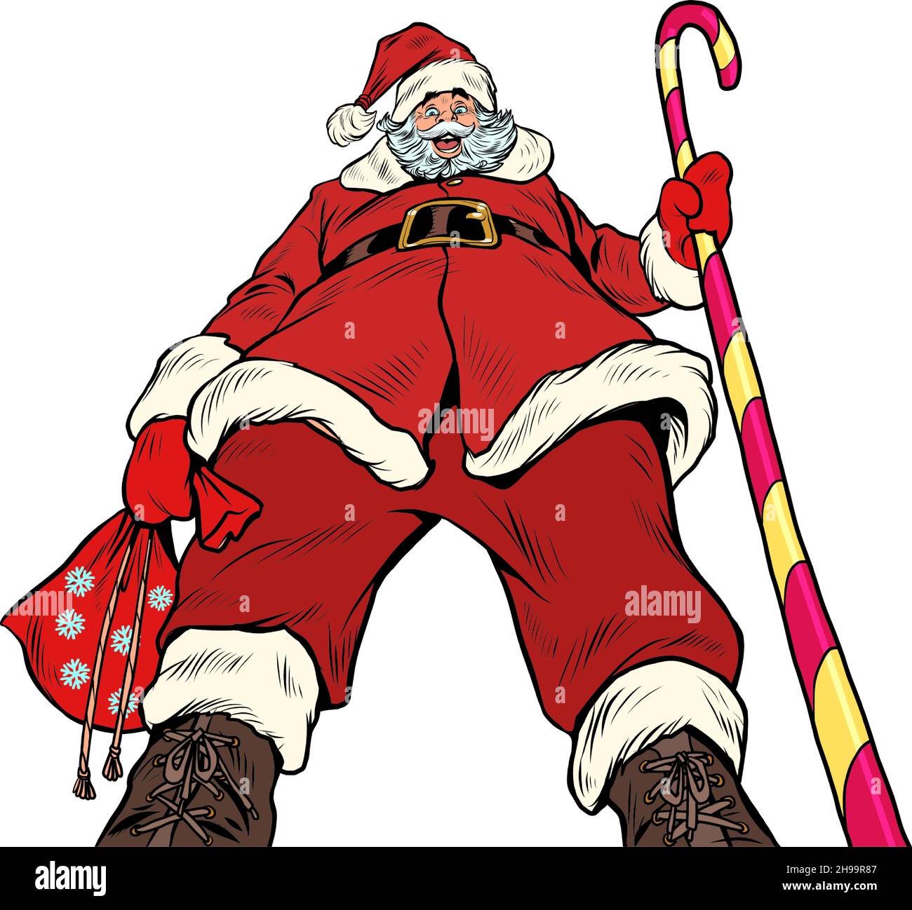 Vista de abajo hacia arriba de Santa Claus pretenciosa. Navidad y Año Nuevo, vacaciones de temporada de invierno en diciembre Ilustración del Vector