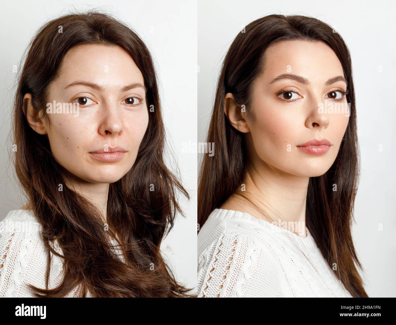 Mujer antes y después del maquillaje. . El concepto de transformación,  belleza después de aplicar maquillaje con un artista de maquillaje.  Resultado sin retoque Fotografía de stock - Alamy