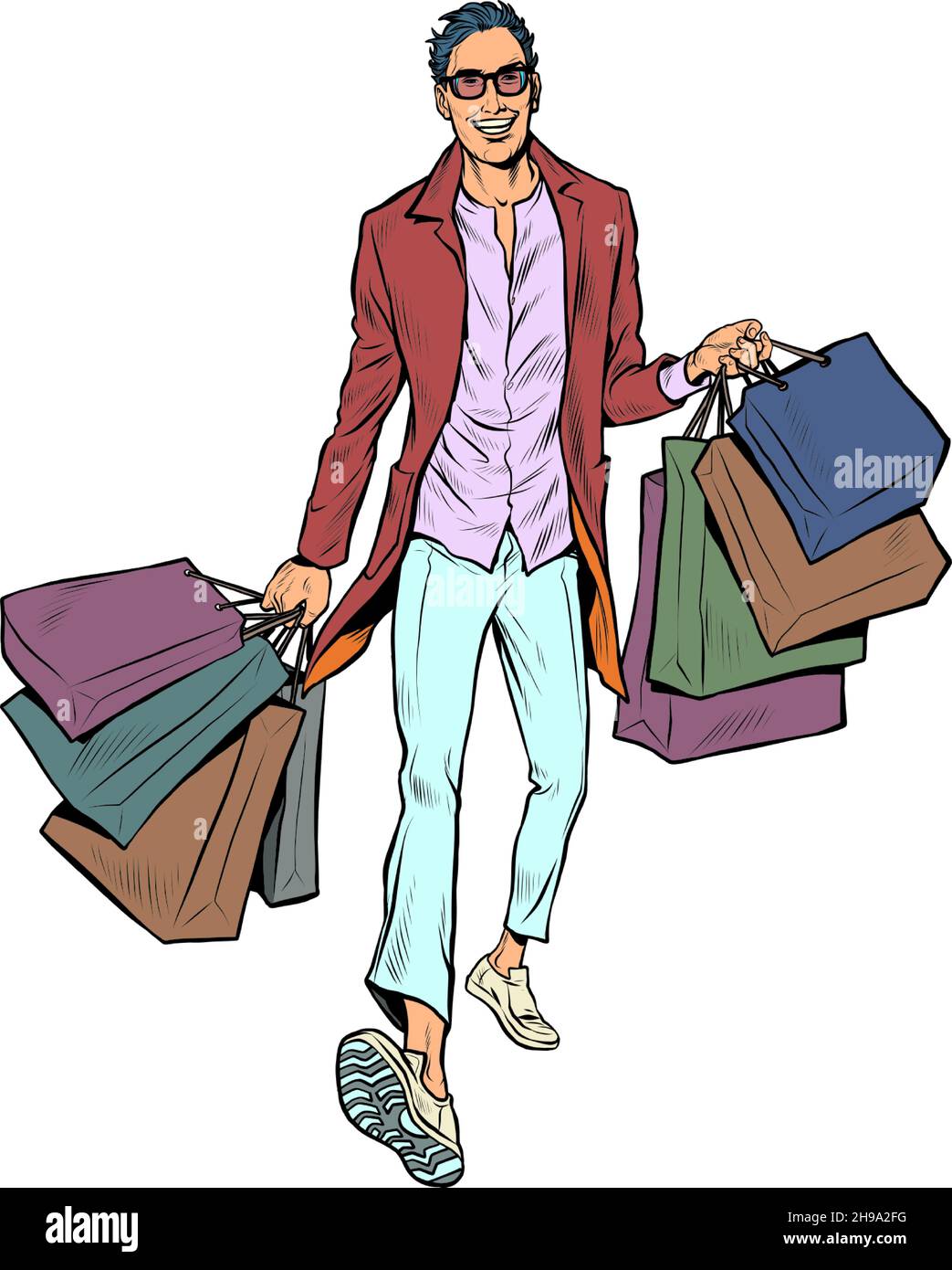 Un hombre con bolsas de compras. Ventas en tiendas. El shopaholic compró muchos productos Ilustración del Vector