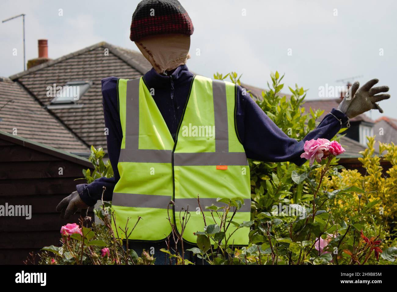 Trabajador de la construcción ficticio en un jardín con una chaqueta de alta visibilidad, guantes y un sombrero de bate Foto de stock