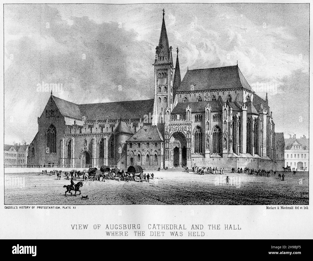 Grabado de la Catedral de Augsburgo y el salón donde se realizó la