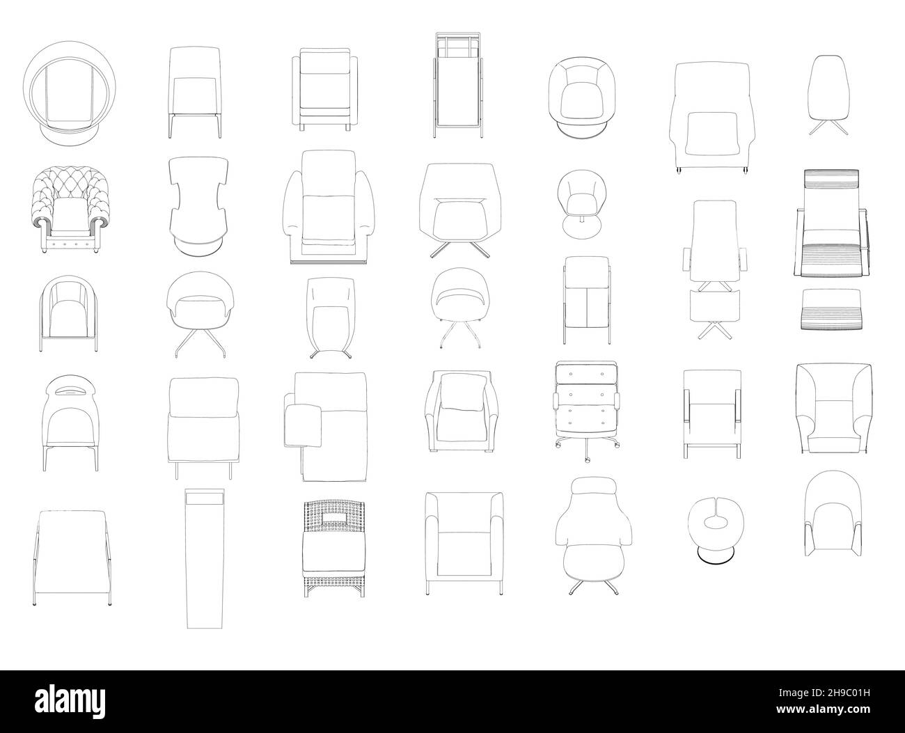 Conjunto con los contornos de sillones y sillas de líneas negras