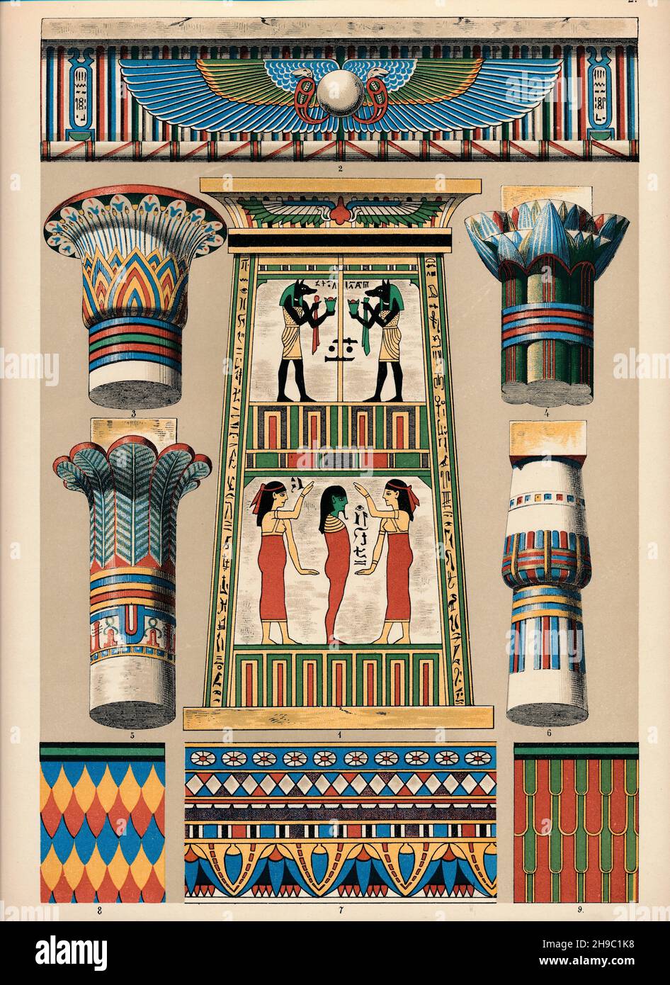 De arquitectura y pintura, jeroglíficos egipcios, pirámides y templos. Foto de stock