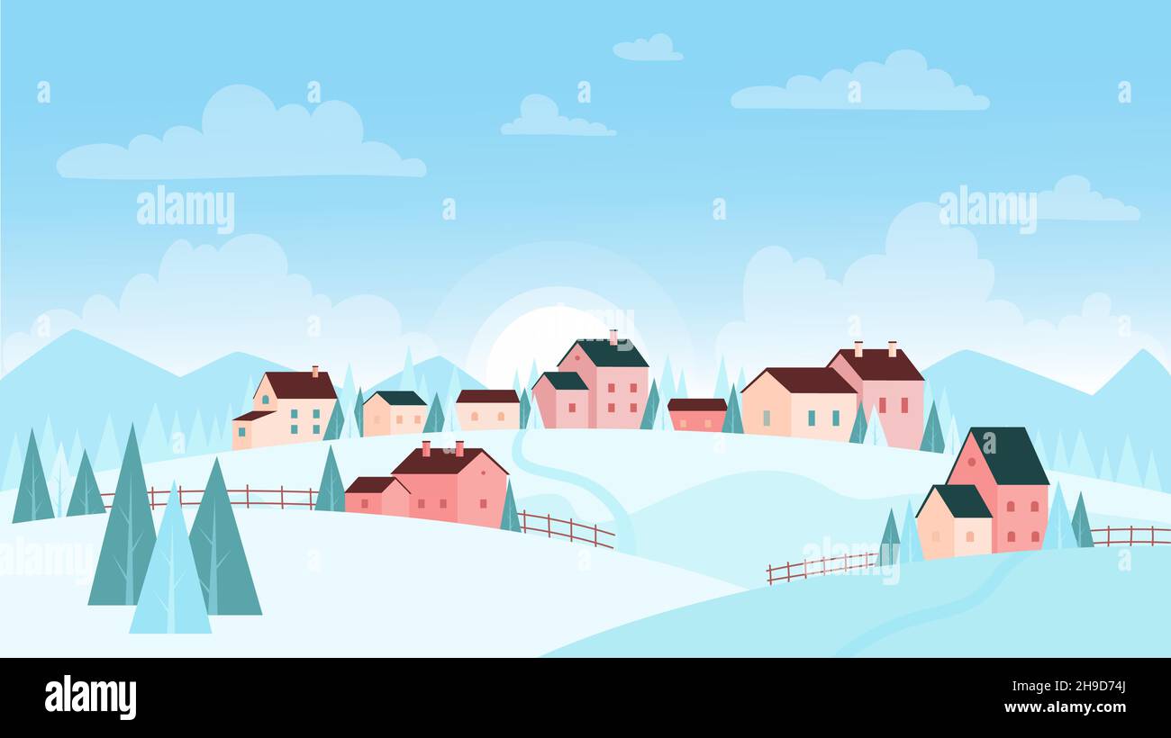 Ilustración de vector de paisaje nevado de invierno. Casas de dibujos  animados cabañas en las colinas con nieve y hielo, montañas y simples  abetos en paisaje panorámico, helado paisaje de la naturaleza