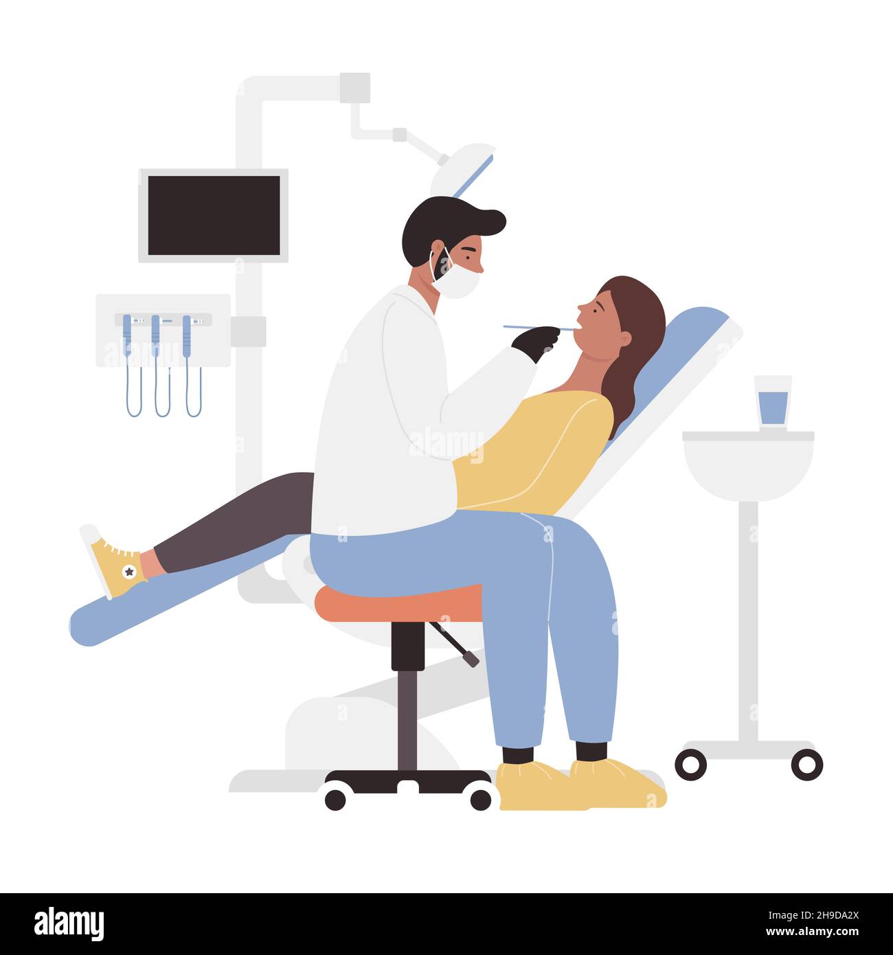 Paciente femenino en la sala de estomatología y dental. Dentista que examina a la niña en silla dental ilustración de vectores de dibujos animados Imagen Vector de stock - Alamy Paciente femenino en la sala de estomatología y dental. Dentista que examina a la niña en silla dental ilustración de vectores de dibujos animados Imagen Vector de stock - Alamy