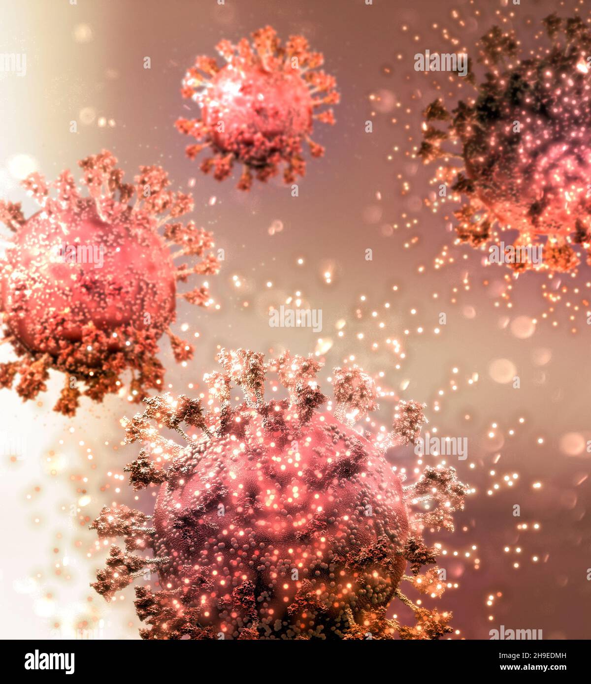 Variante del virus, coronavirus, proteína de espículas. OMICRON. Covid-19 visto bajo el microscopio. SARS-CoV-2, 3D renderizado Foto de stock