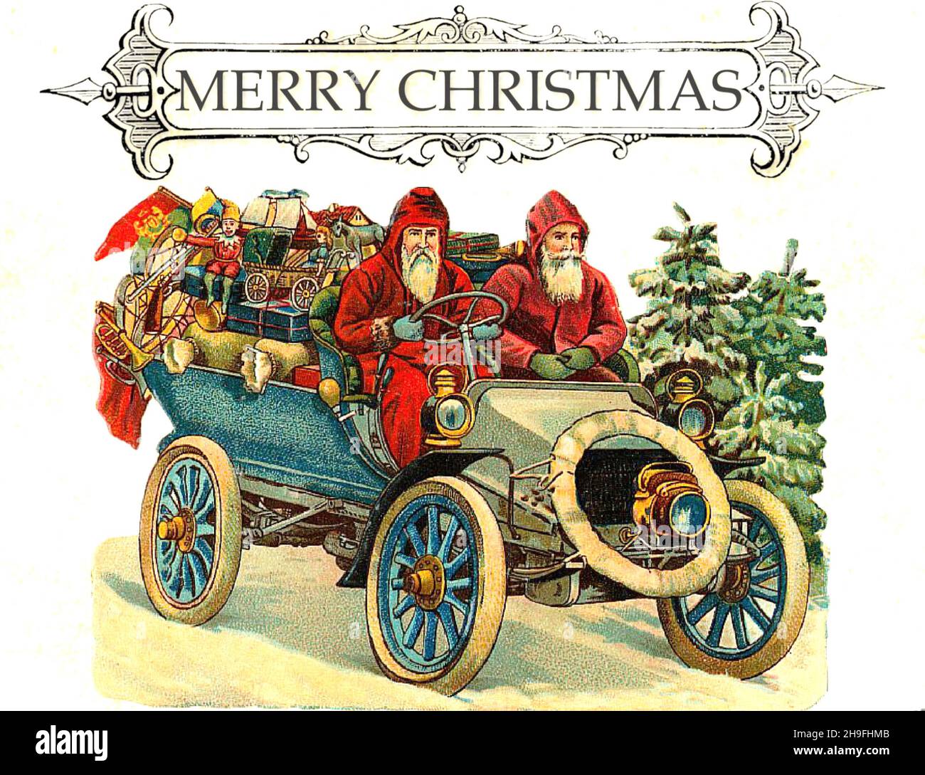 Navidad victoriana - Vintage coche adornado con regalos está siendo conducido por dos Papá Noel - aquí viene Santa Claus Foto de stock