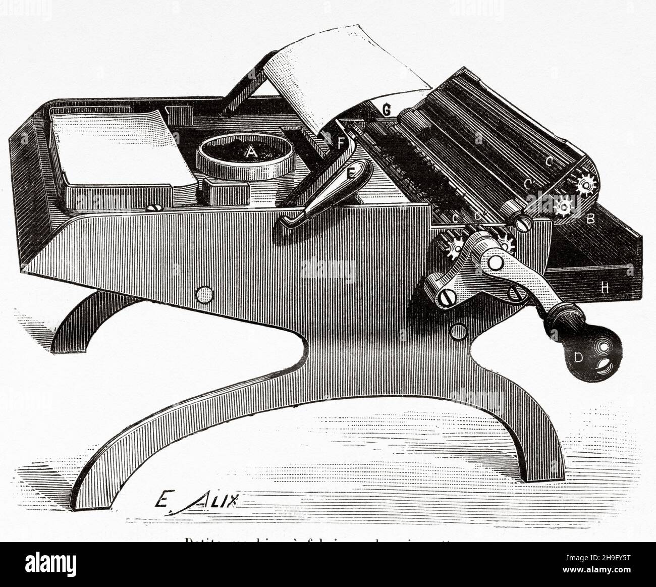 Pequeña máquina para hacer cigarrillos. Antigua ilustración del siglo 19th grabada de La Nature 1885 Foto de stock