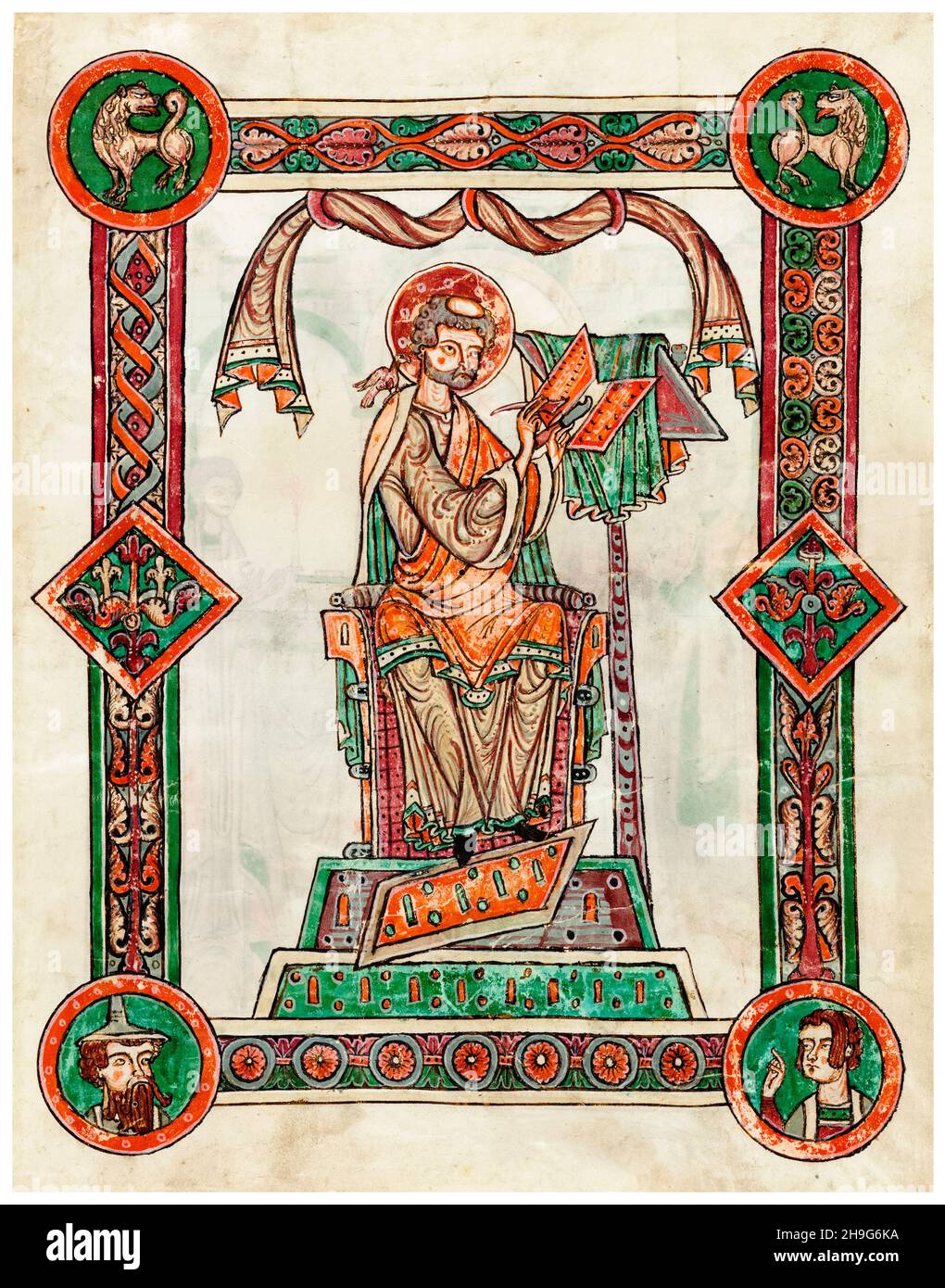 San Gregorio como Autor, manuscrito iluminado alemán del siglo 12th por el Scriptorium de la Abadía de Weingarten, 1181-1199 Foto de stock