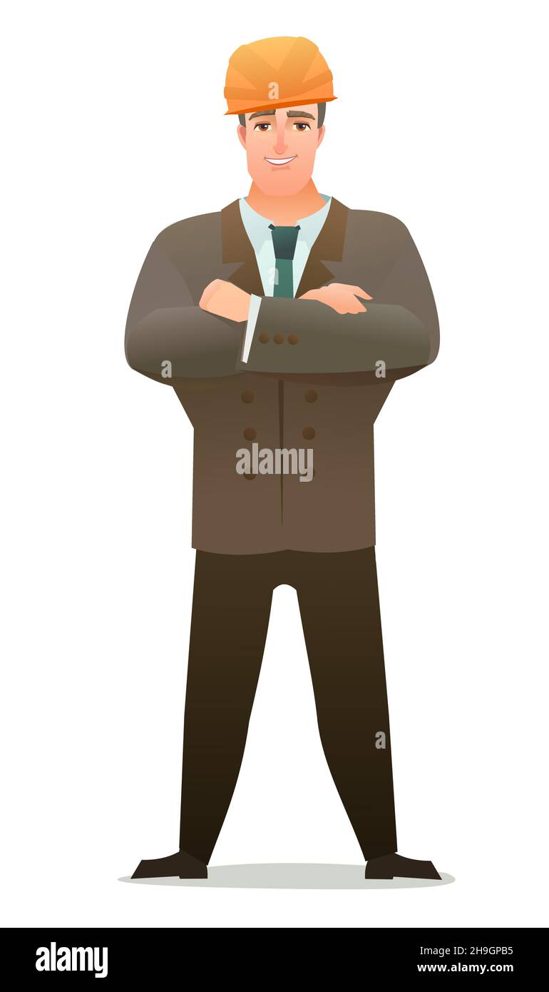 Ingeniero de hombre en traje y casco protector. Tipo de oficina en el lugar  de construcción. Persona alegre. Postura de pie. Estilo cómic de un solo  personaje Imagen Vector de stock -