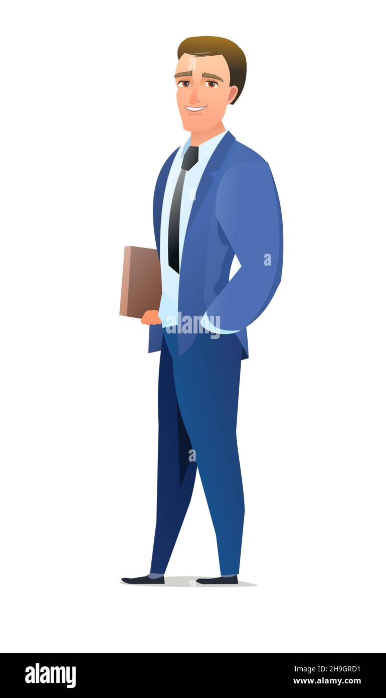 Hombre de negocios con éxito. Personas alegres en posición de pie. Hombre en traje de negocios y corbata. Diseño plano de dibujos animados. Carácter independiente Ilustración del Vector