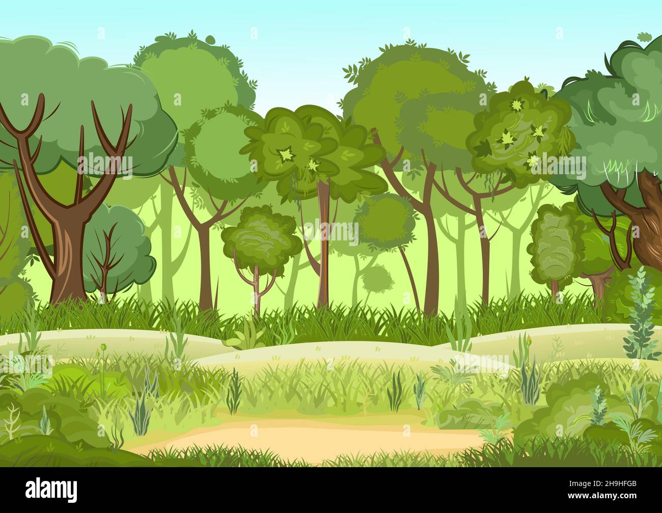 Un glade en el borde de un bosque verde, claro del verano. Los árboles en la hierba. Estilo de dibujos animados planos. Paisaje rural con densos matorrales. Vector de ilustración Ilustración del Vector