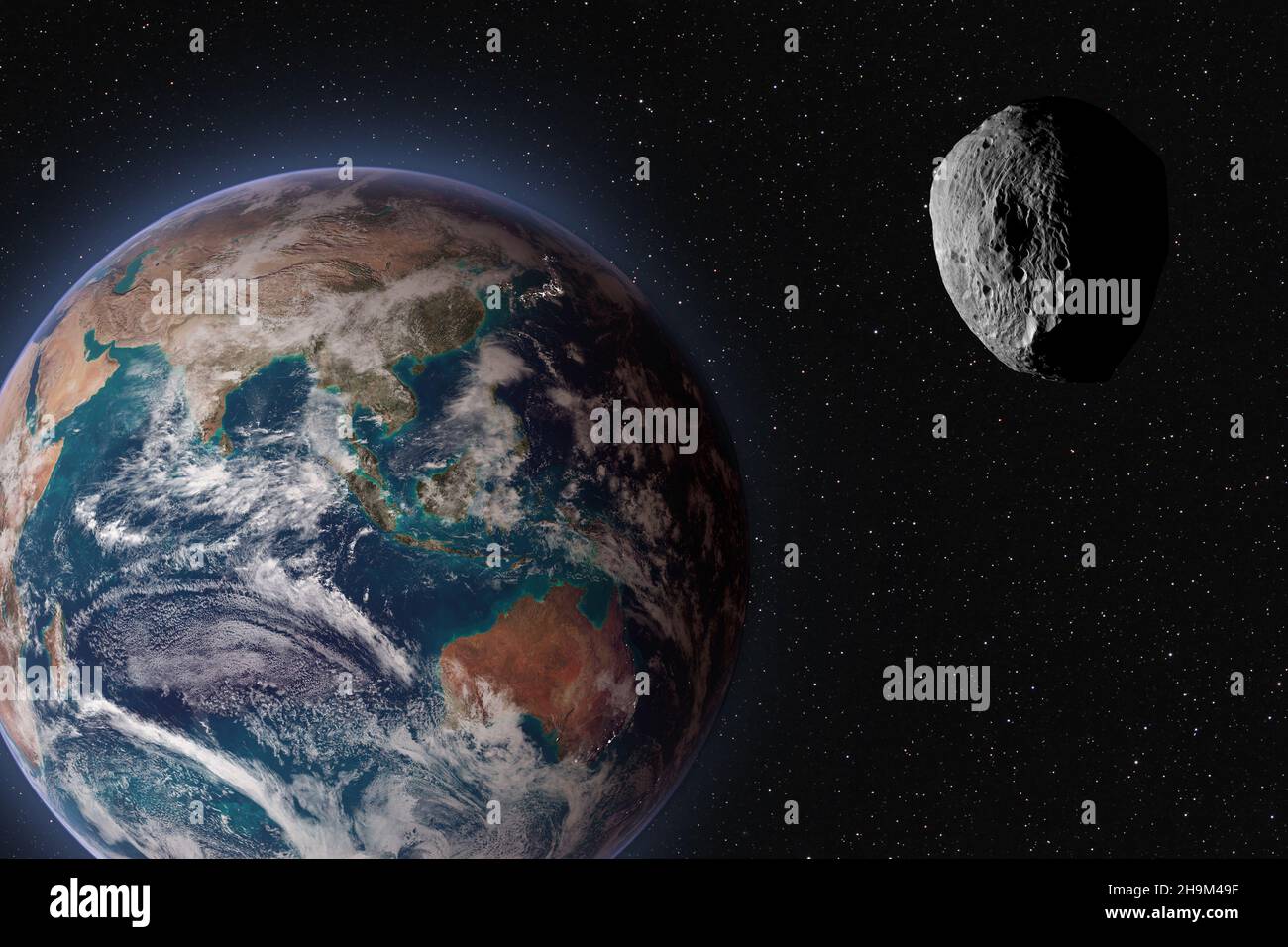Asteroide que se acerca al planeta Tierra, elementos de esta imagen proporcionados por la NASA Foto de stock