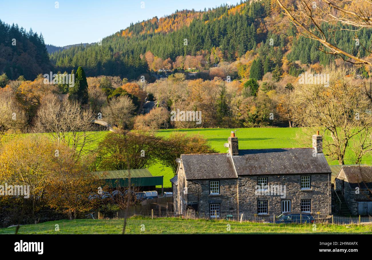 Muriau Farm, cerca de Betws-Y-Coed, Sappers Bridge sobre el río Conwy en la distancia. Imagen tomada en noviembre de 2021. Foto de stock