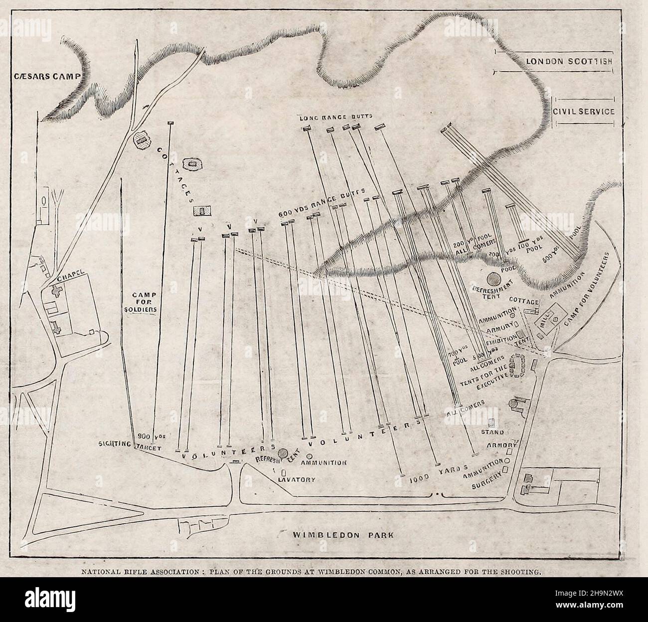 Asociación Nacional del Rifle - Plan de los terrenos en Wimbledon Common, según lo dispuesto para el rodaje, 1861 Foto de stock