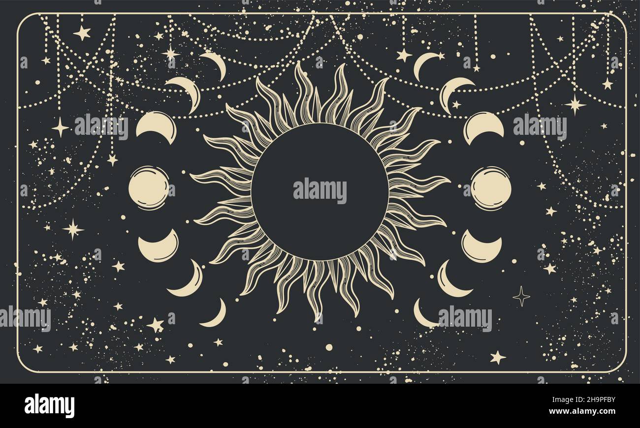 Bandera mística con un eclipse lunar sobre fondo negro. Sol con rayos y  fases de la luna, boho fondo para la astrología, tarot. vecto celestial  Imagen Vector de stock - Alamy
