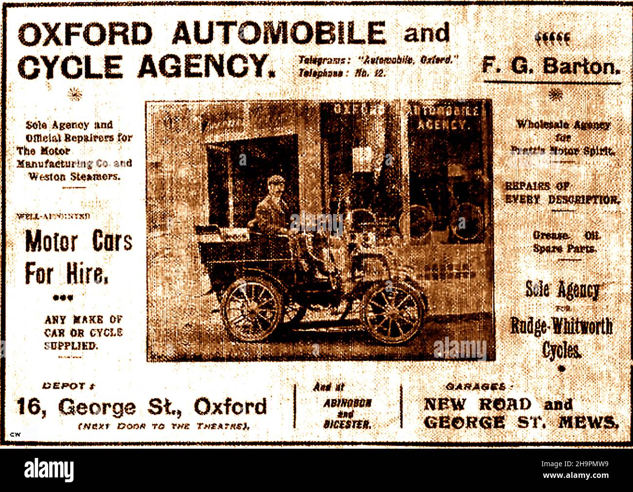 Un viejo anuncio de periódico para la Agencia de Automóviles y Ciclos de Oxford, Inglaterra Foto de stock