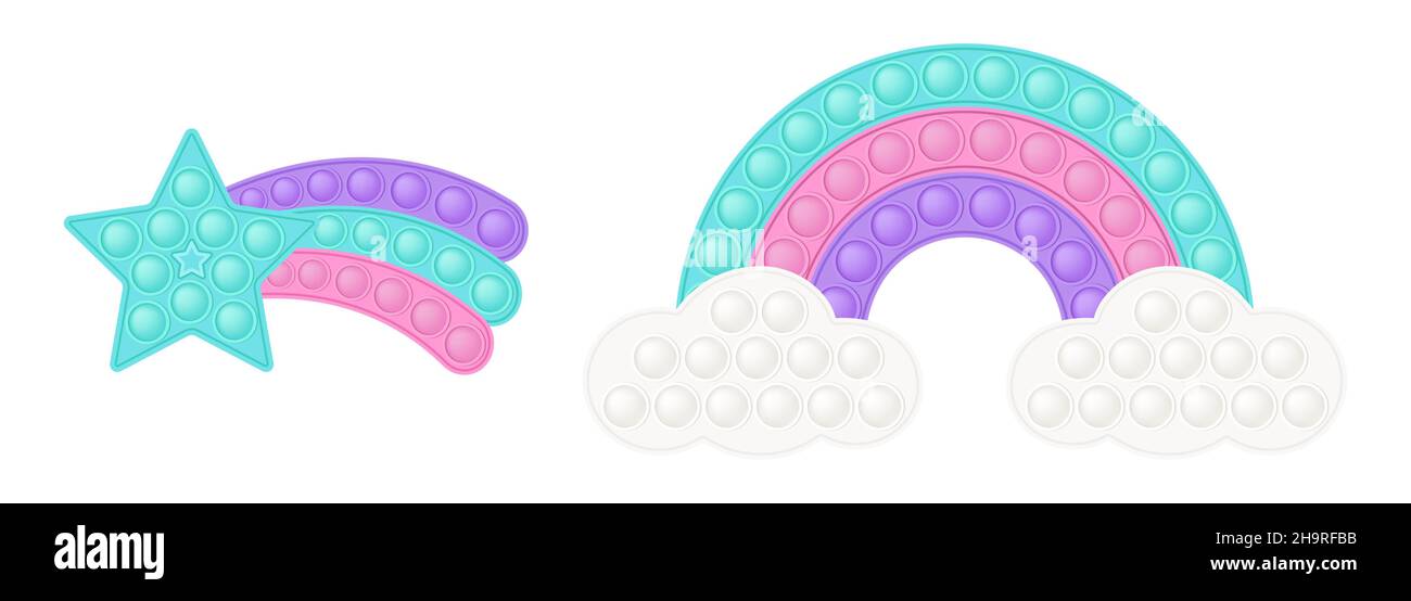 POPIT figura el arco iris pastel y la cola azul estrella como un moderno juguete de silicio para los fidgets. Adictivo juguete antiestrés en colores coloridos. Desarrollo de burbujas Ilustración del Vector