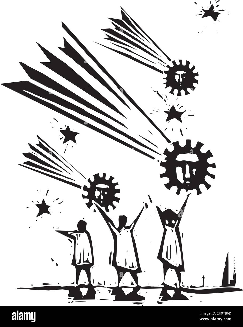 Ilustración de estilo expresionista de corte en madera de personas que observan cometss que parecen esporas pandémicas de covid Ilustración del Vector