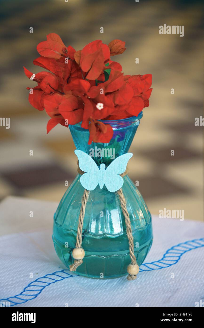 Planta de papel, cuatro en punto (Bougainvillea-Hybride), cuatro en punto florece en un jarrón como decoración de mesa, Grecia, Islas Jónicas, Kefalonia Foto de stock