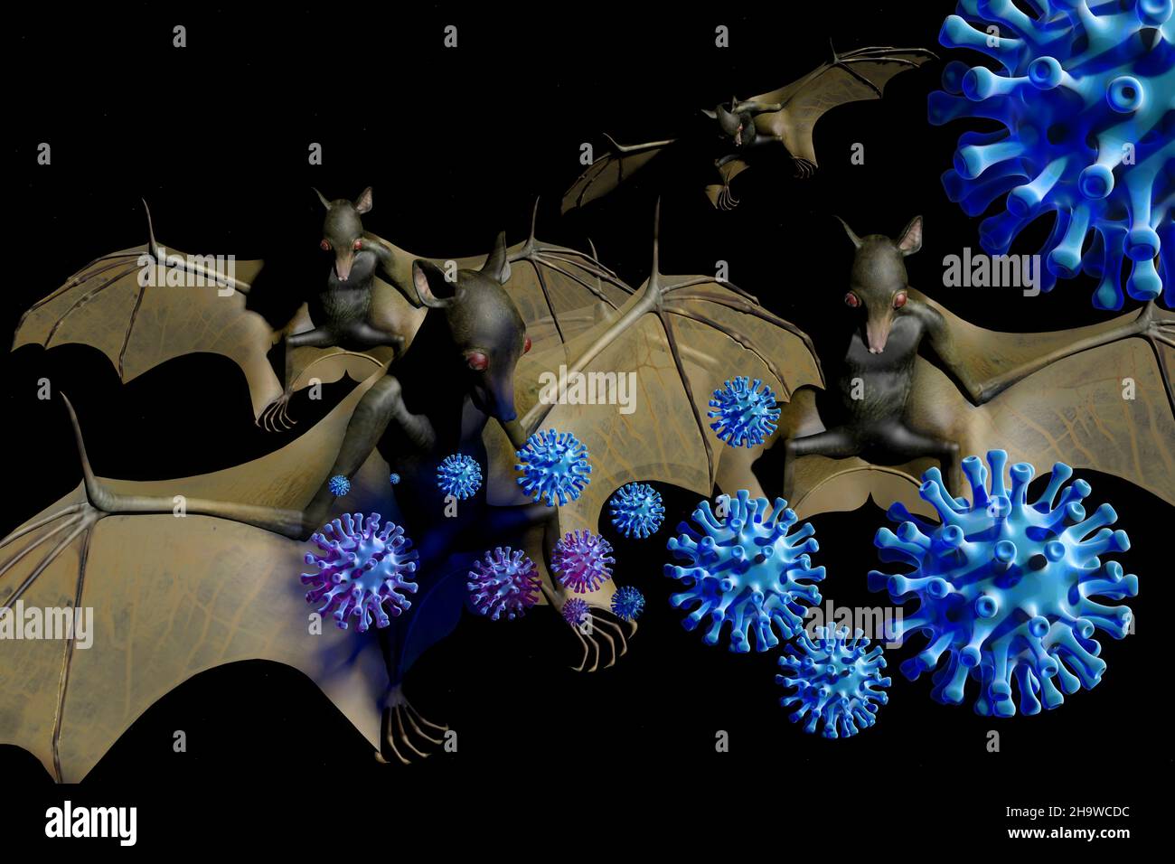 Viele Viren wandern von der Tierwelt zum Menschen. Fledermeuse abei eine grosse Rolle - Symbolbild: CGI-Visualizierung: Coronavirus Foto de stock