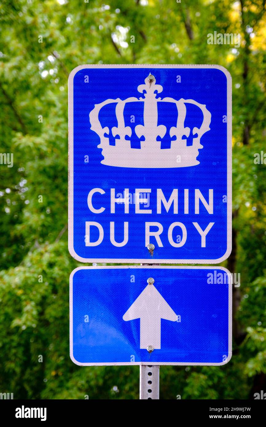 Histórico Chemin du Roy señal de carretera, marcador de ruta, provincia de Quebec, Canadá Foto de stock
