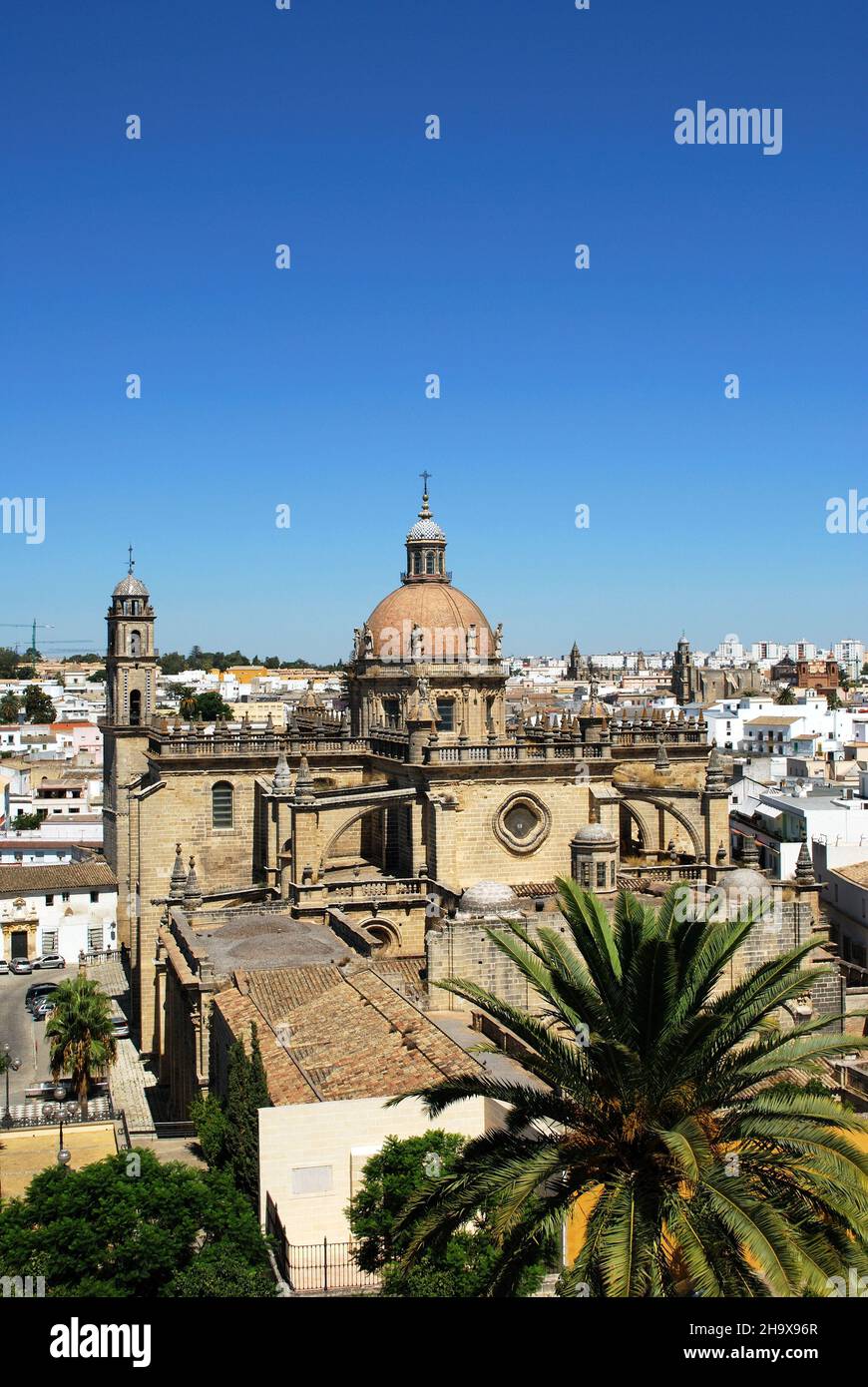Vista elevada de la Catedral de San Salvador y edificios de la ciudad, Jerez de la Frontera, Provincia de Cádiz, Andalucía, España. Foto de stock