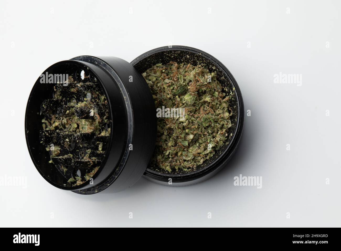 Moler con brotes machacados de marihuana marihuana marihuana cannabis aislado, marihuana medicinal Foto de stock