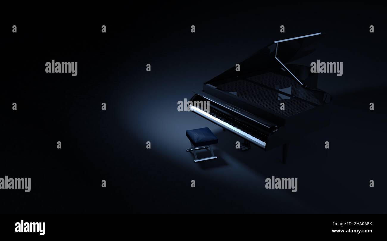 Diseño musical background.3D ilustración. Gran piano en habitación oscura y foco Foto de stock