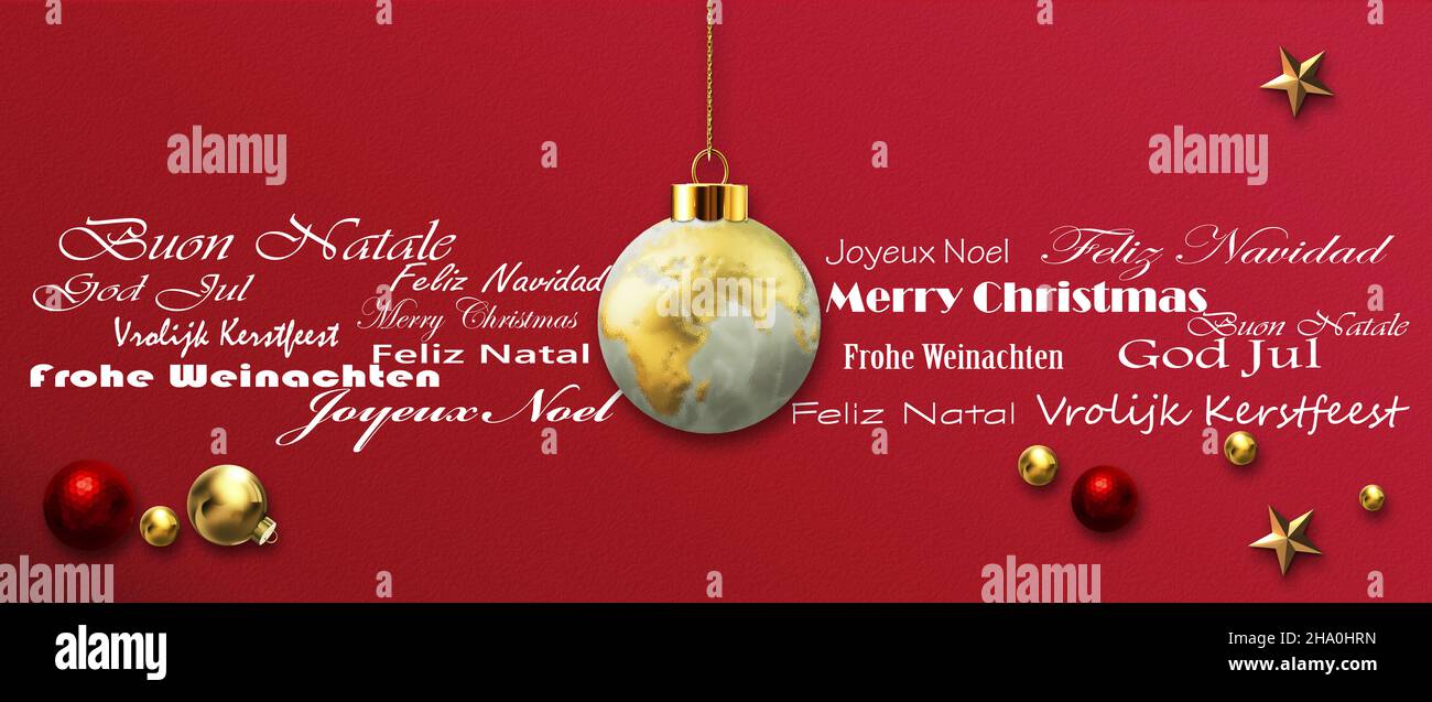 Feliz Navidad Nuevo Año saludos de negocios internacionales. Deseos de Navidad en los idiomas europeos Inglés, francés alemán portugués italiano español, sueco, holandés, bola 3D con el mapa del planeta del globo. Feliz Navidad Nuevo Año saludos de negocios internacionales. Deseos de Navidad en los idiomas europeos Inglés, francés alemán portugués italiano español, sueco, holandés, bola 3D con el mapa del planeta del globo.