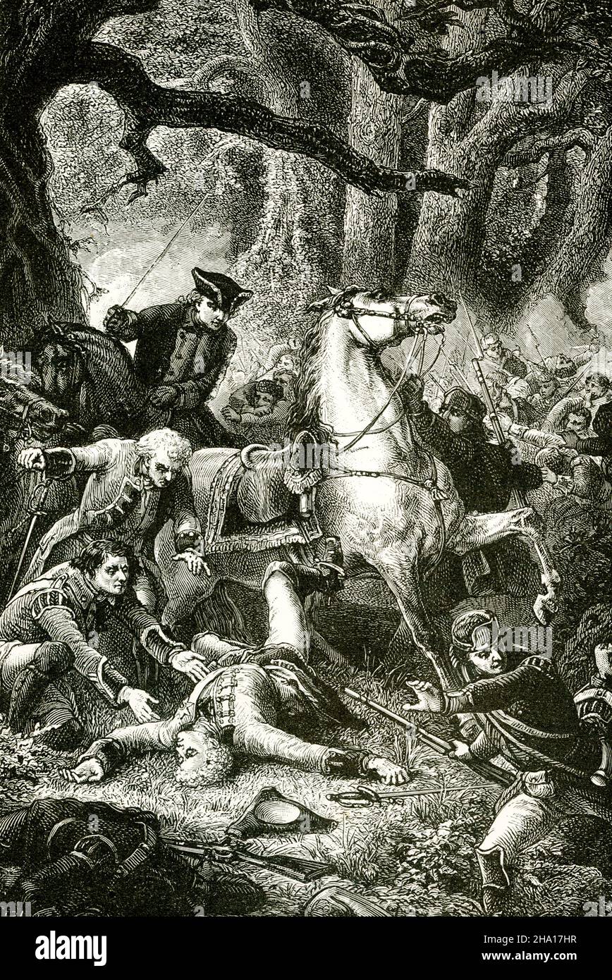En las guerras francesa e india, el General Edward Braddock dirigió las fuerzas británicas. Se puso a capturar Fort Duquesne de los franceses, pero el 9 de julio de 1755, a ocho millas del fuerte, sus tropas fueron atacadas y derrotadas. Más de la mitad de sus hombres fueron asesinados y fue herido mortalmente (visto aquí en esta ilustración de 1890). Foto de stock