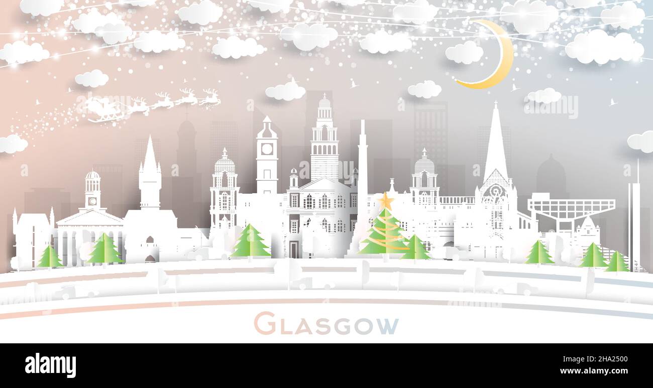 Glasgow Scotland City Skyline en Paper Cut Style con Snowflakes, Moon y Neon Garland. Ilustración vectorial. Concepto de Navidad y Año Nuevo. Ilustración del Vector