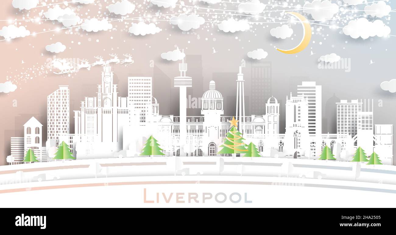 Liverpool UK City Skyline en estilo de corte de papel con copos de nieve, luna y Neon Garland. Ilustración vectorial. Concepto de Navidad y Año Nuevo. Ilustración del Vector