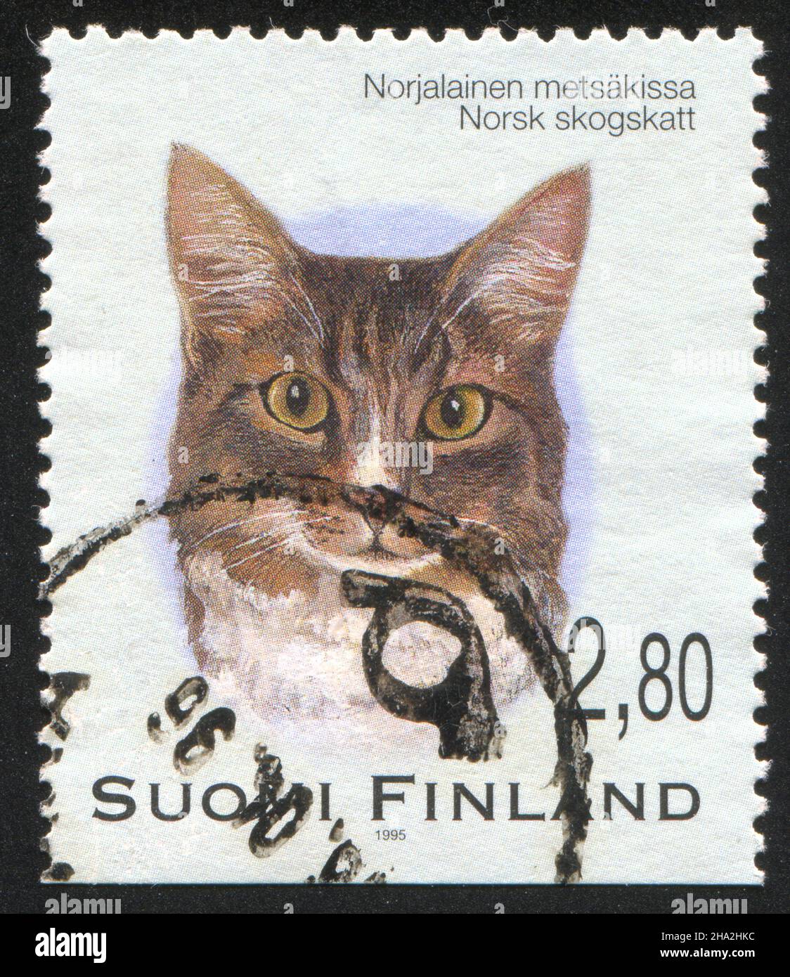 FINLANDIA - ALREDEDOR de 1995: Sello impreso por Finlandia, muestra el gato, alrededor de 1995 Foto de stock