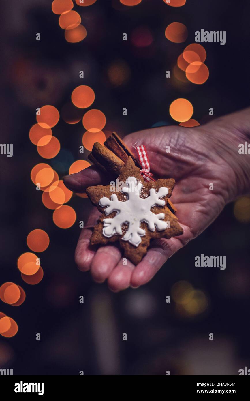 Una mano femenina sostiene palos de canela y galletas con forma de copo de nieve frente a las luces bokeh en casa, cerca, fotografía de la vida fija Foto de stock