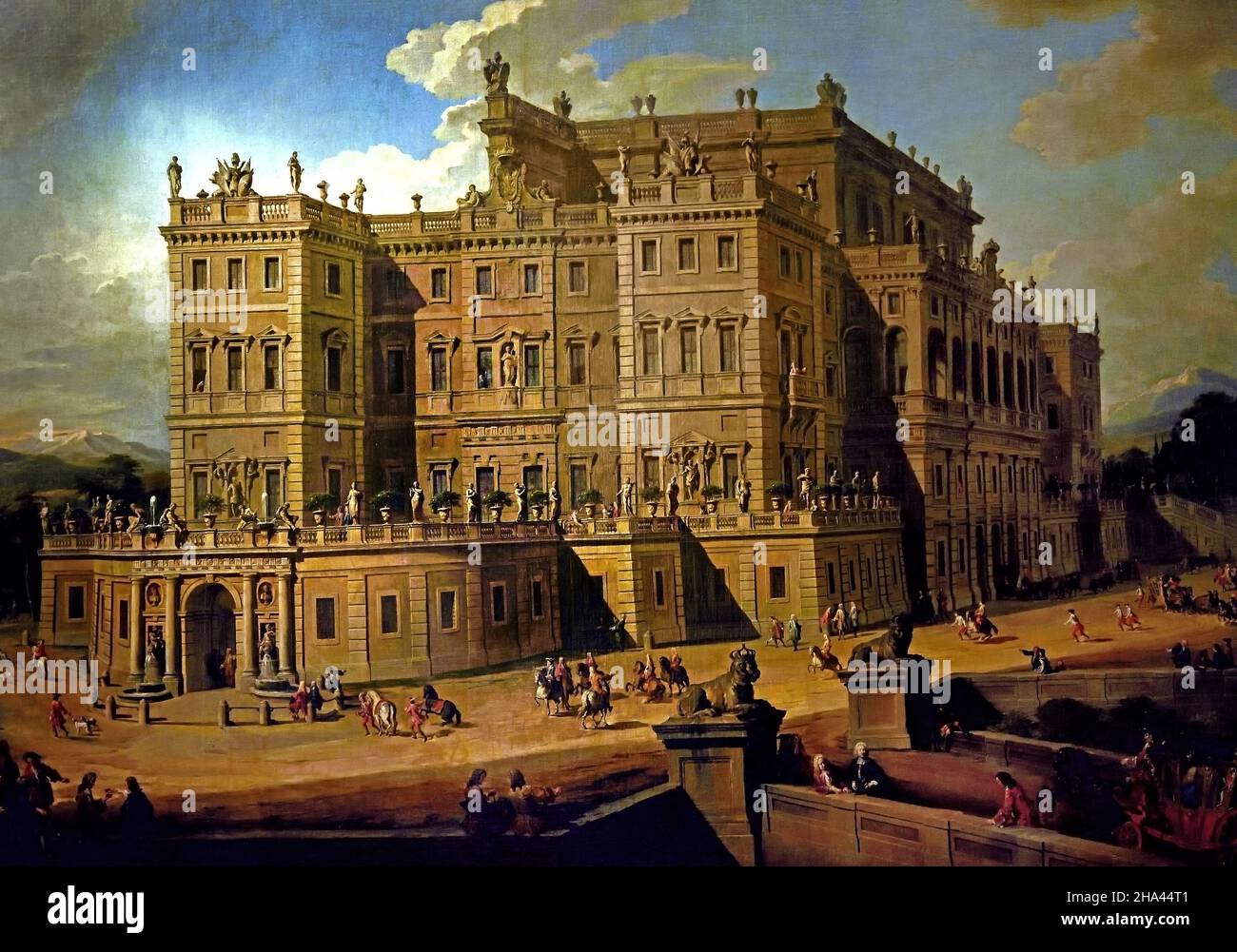 Veduta del castello di Rivoli por Giovanni Paolo Pannini 1724 Torino Palazzo Reale - El Palacio Real de Turín es un palacio histórico de la Casa de Saboya, italiano, Italia, ( El castillo de Rivoli, de origen medieval y remodelado por Emanuele Filiberto y Carlo Emanuele I, Fue incendiado y destruido en 1693, durante la guerra con los franceses. ) Foto de stock