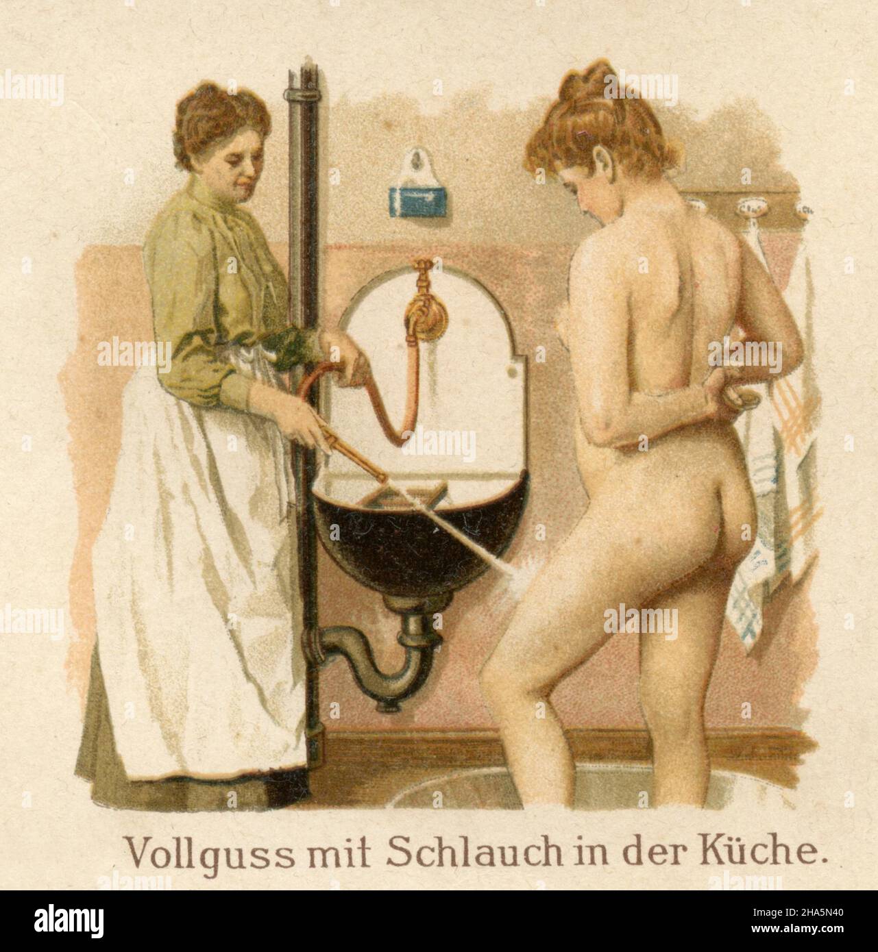 Aplicaciones de agua en enfermería: Fundición completa con manguera en la cocina , (libro de medicina, 1905) Foto de stock