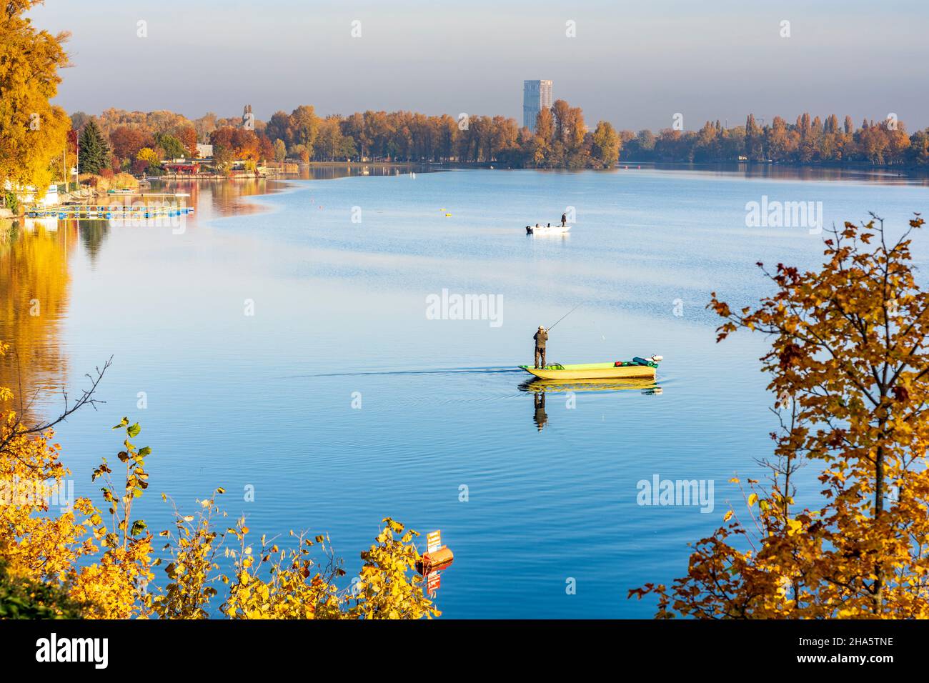 viena, lago de bucow alte donau (antiguo danubio), viena de gran altura veintidós, barco con pescador, colores de otoño en 22. donaustadt,viena,austria Foto de stock