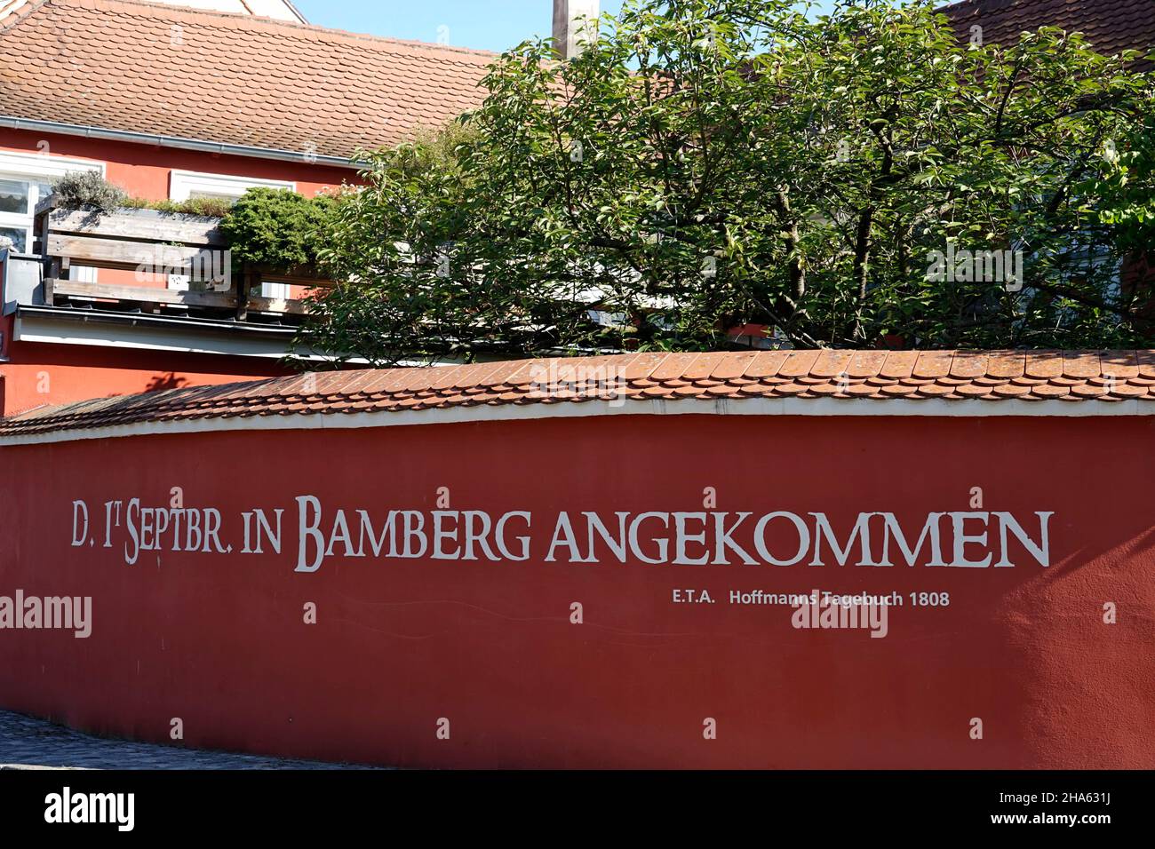 alemania,baviera,alto franconia,bamberg,casco antiguo,eta hoffmann,llegó a bamberg,lettering en el museo del estudio,nonnenbrücke Foto de stock