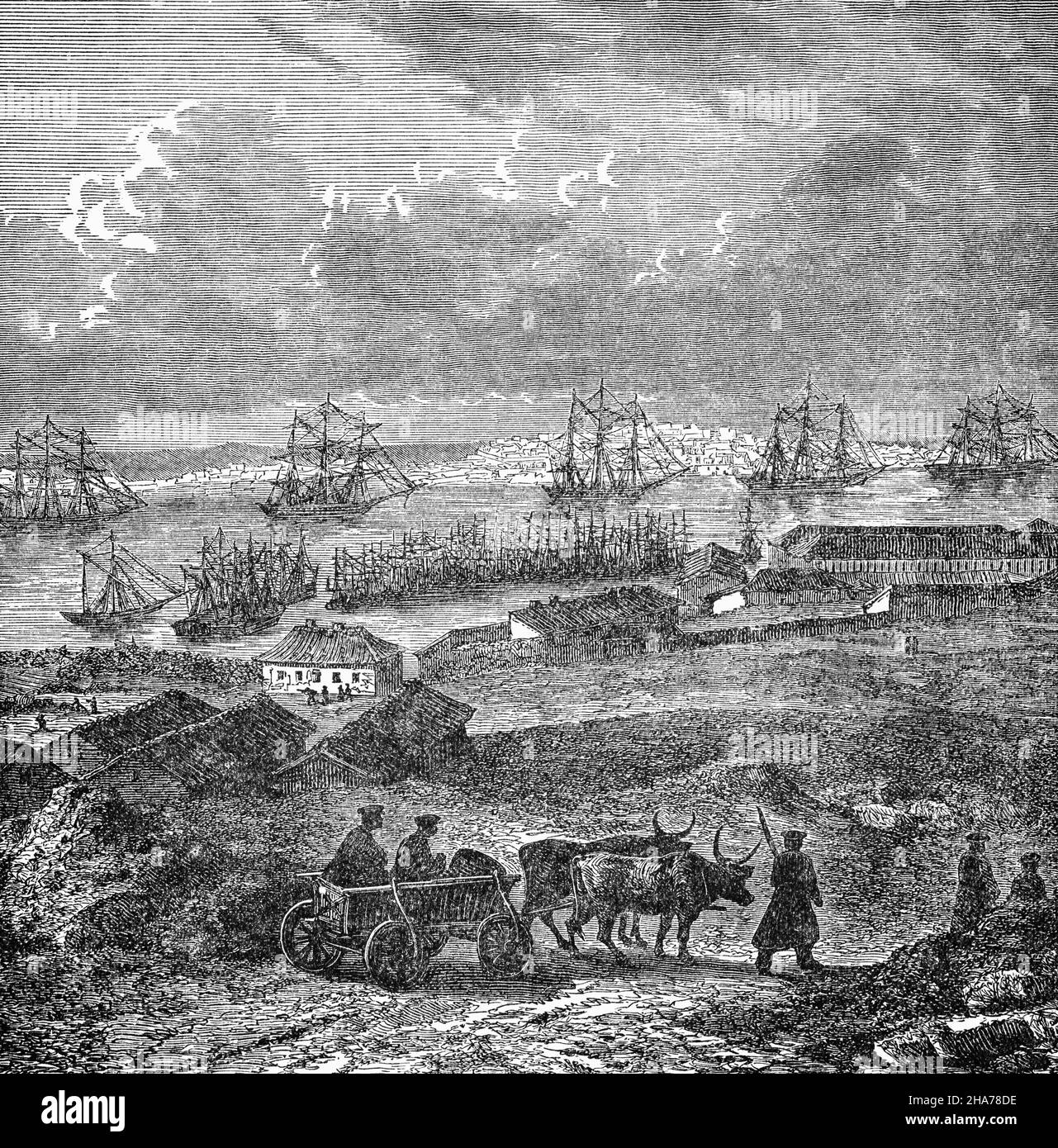 Una ilustración de finales del siglo 19th de Sebastopol, la ciudad más grande de Crimea y un puerto importante en el Mar Negro. Debido a su ubicación estratégica y a la navegabilidad de los puertos de la ciudad, Sevastopol en Ucrania ha sido un puerto importante y una base naval a lo largo de su historia. Desde la fundación de la ciudad en 1783 ha sido una base importante para la flota rusa del Mar Negro. Foto de stock